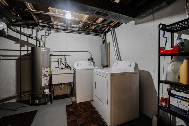 washroom featuring laundry area, visible vents, independent washer and dryer, a sink, and water heater
