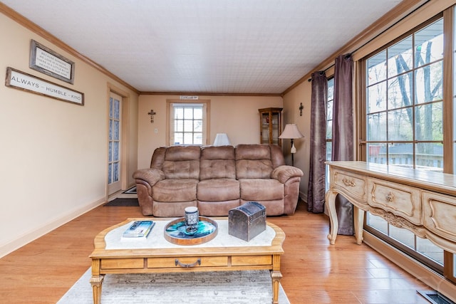 living area featuring ornamental molding, light wood finished floors, and baseboards
