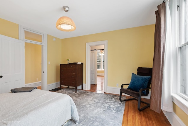 bedroom featuring baseboards, multiple windows, and wood finished floors