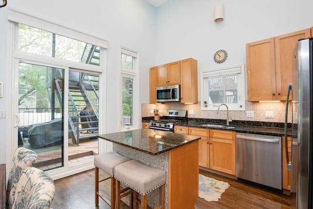 937 N Willard Ct Unit 1, Chicago, IL 60642 - kitchen with appliances with stainless steel finishes, a sink, dark wood-type flooring, decorative backsplash, and a towering ceiling