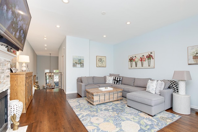 937 N Willard Ct Unit 1, Chicago, IL 60642 - living room with a fireplace, wood finished floors, recessed lighting, and baseboards