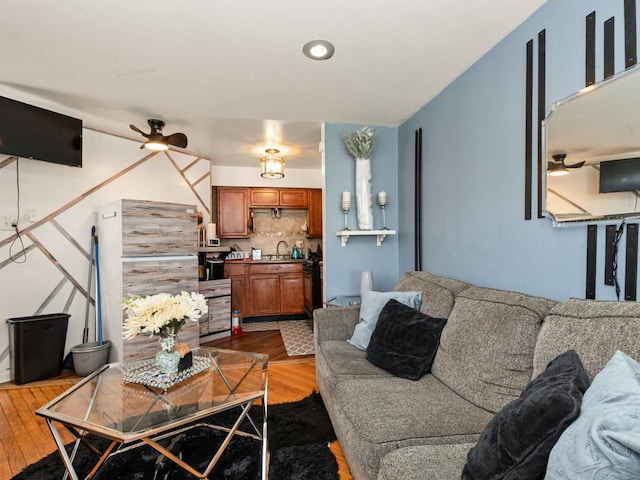 2720 E 76th Pl, Chicago, IL 60649 - living room featuring ceiling fan and dark wood finished floors
