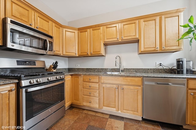 kitchen with a sink, stainless steel appliances, stone finish floor, and dark stone countertops
