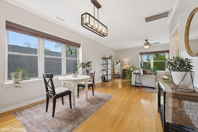 dining room with a healthy amount of sunlight, light wood finished floors, and visible vents