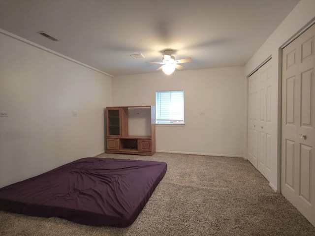 10160 Lancaster Dr, Mokena, IL 60448 - carpeted bedroom with visible vents, a ceiling fan, and multiple closets