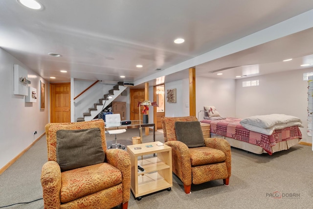 7220 W Ibsen St, Chicago, IL 60631 - carpeted living room with stairs, recessed lighting, and baseboards