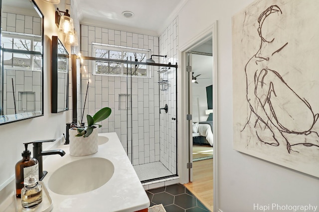 623 Broadway St, Libertyville, IL 60048 - ensuite bathroom with ceiling fan, a sink, ensuite bath, double vanity, and a stall shower