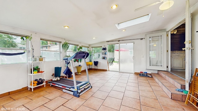 1288 N Ashland Ave, Palatine, IL 60074 - workout room featuring a skylight, lofted ceiling, light tile patterned floors, recessed lighting, and ceiling fan