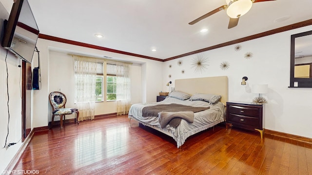 1288 N Ashland Ave, Palatine, IL 60074 - bedroom with hardwood / wood-style floors, ornamental molding, a ceiling fan, and recessed lighting