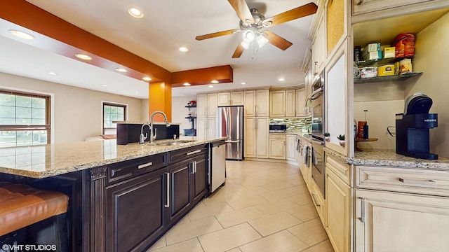 1288 N Ashland Ave, Palatine, IL 60074 - kitchen with appliances with stainless steel finishes, backsplash, ceiling fan, light tile patterned floors, and light stone countertops