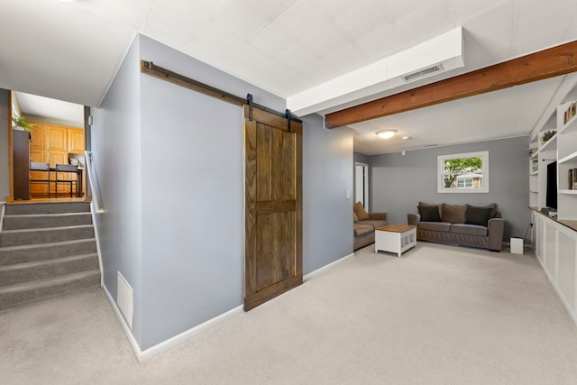 1500 E Lowden Ave, Wheaton, IL 60189 - living room with a barn door, light colored carpet, baseboards, beamed ceiling, and stairway