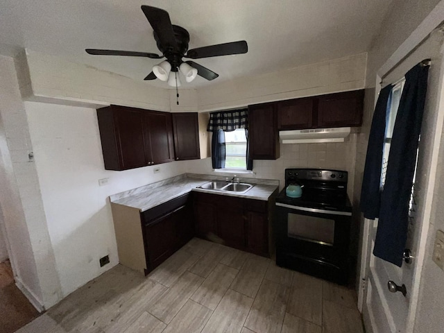 156 W 141st St, Riverdale, IL 60827 - kitchen featuring black electric range oven, dark brown cabinetry, light countertops, under cabinet range hood, and a sink
