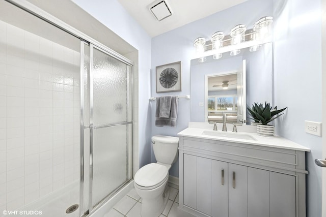 bathroom featuring a shower stall, toilet, and visible vents