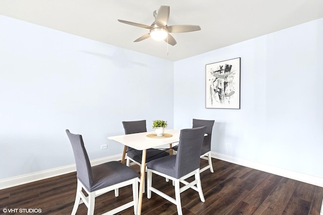 dining room with baseboards, ceiling fan, and wood finished floors