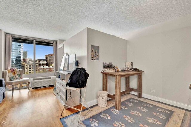 interior space featuring a textured ceiling, baseboards, and light wood finished floors