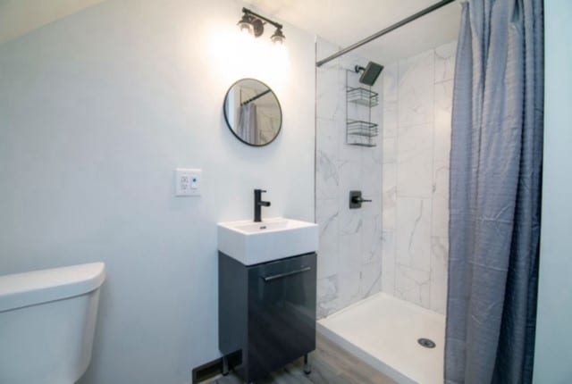 bathroom with vanity, toilet, and a shower stall