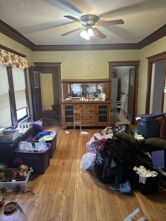 8042 S Bennett Ave, Chicago, IL 60617 - living area featuring hardwood / wood-style flooring, ceiling fan, and ornamental molding