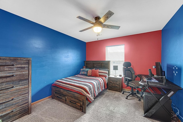 bedroom with baseboards, carpet flooring, and ceiling fan