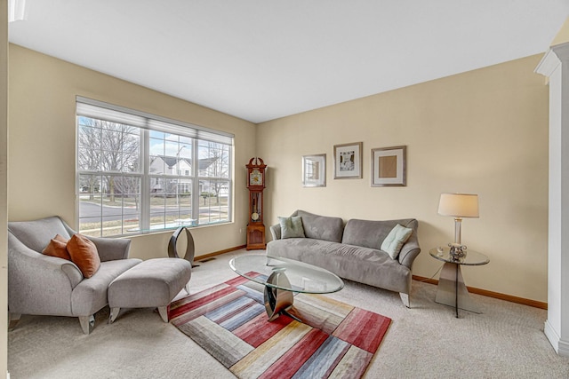 living area featuring baseboards and carpet floors