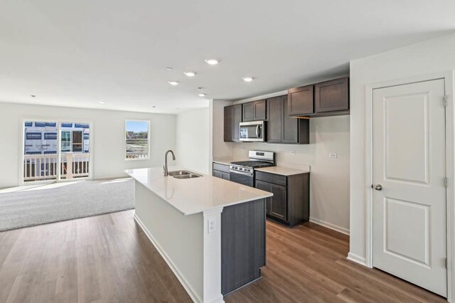 6341 Ulster Dr, Tinley Park, IL 60477 - kitchen featuring dark brown cabinetry, appliances with stainless steel finishes, a sink, baseboards, and dark wood-style floors