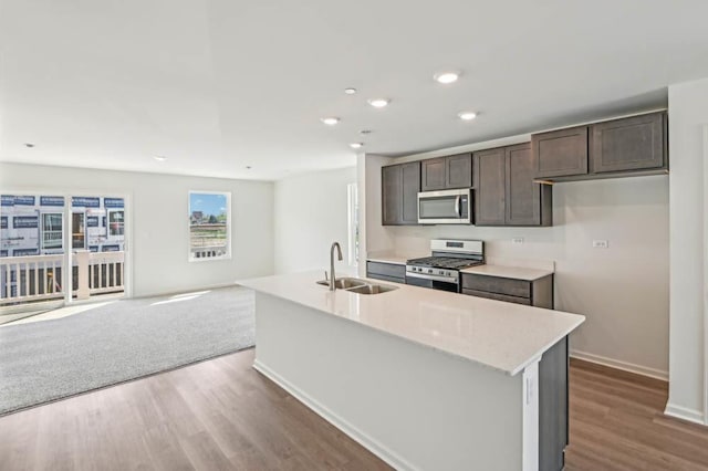 6341 Ulster Dr, Tinley Park, IL 60477 - kitchen with a kitchen island with sink, wood finished floors, dark brown cabinets, a sink, and appliances with stainless steel finishes
