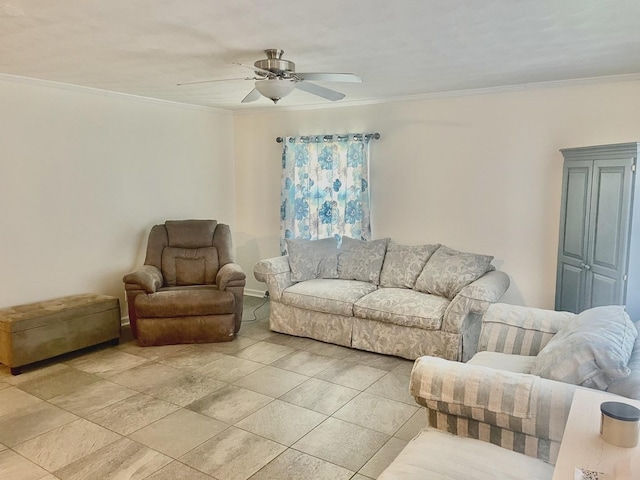 living room with a ceiling fan and ornamental molding