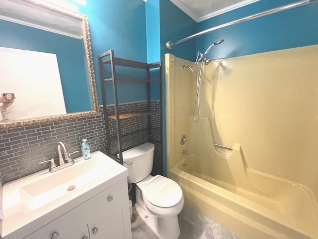 full bath with ornamental molding, toilet, washtub / shower combination, decorative backsplash, and vanity