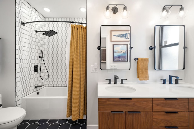 1610 N Whipple St Unit 2, Chicago, IL 60647 - bathroom with toilet, tile patterned floors, shower / bath combo with shower curtain, double vanity, and recessed lighting