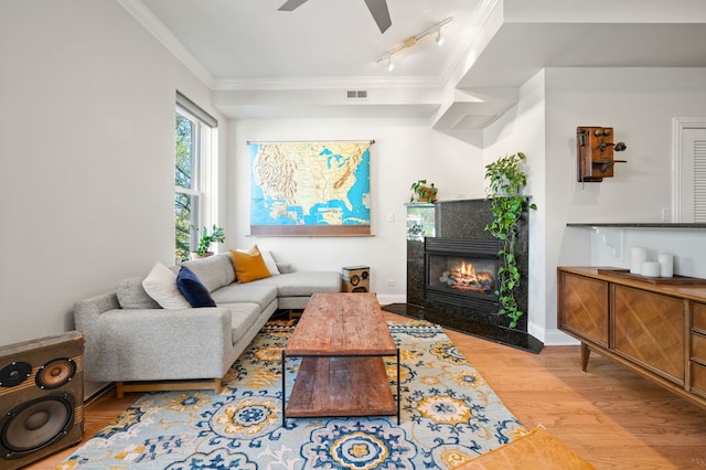 1610 N Whipple St Unit 2, Chicago, IL 60647 - living room featuring ornamental molding, wood finished floors, track lighting, ceiling fan, and a fireplace