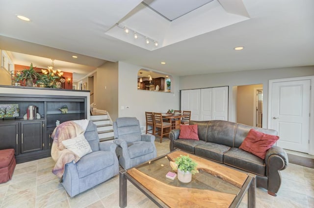 221 8th St, Downers Grove, IL 60515 - living room with a chandelier, recessed lighting, and stairway