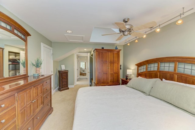 221 8th St, Downers Grove, IL 60515 - bedroom with attic access, light colored carpet, a ceiling fan, and baseboards