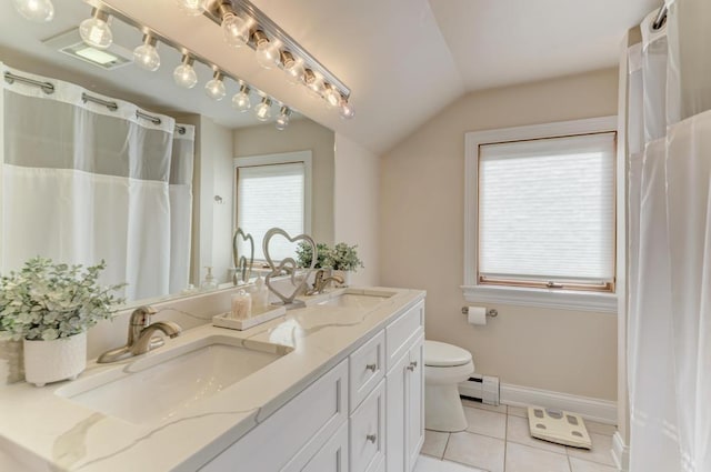 221 8th St, Downers Grove, IL 60515 - full bathroom with baseboard heating, lofted ceiling, double vanity, tile patterned flooring, and baseboards