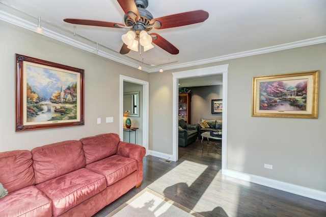 221 8th St, Downers Grove, IL 60515 - living room with dark wood finished floors, baseboards, a ceiling fan, and ornamental molding
