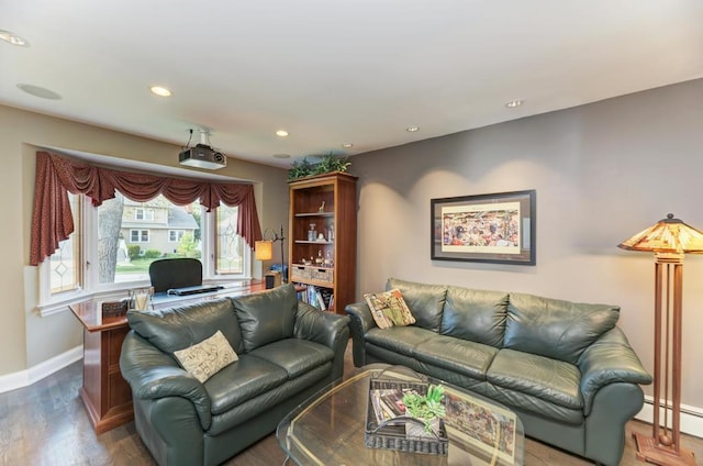 221 8th St, Downers Grove, IL 60515 - living room featuring a baseboard heating unit, baseboards, recessed lighting, and wood finished floors