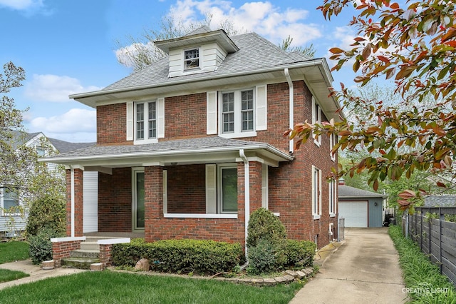811 W Galena Blvd, Aurora, IL 60506 - view of front of home with brick siding, covered porch, a detached garage, an outbuilding, and a shingled roof