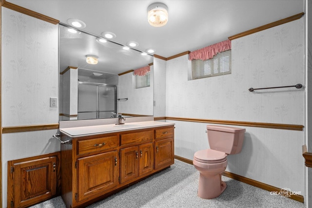 811 W Galena Blvd, Aurora, IL 60506 - full bath featuring a stall shower, vanity, ornamental molding, and toilet