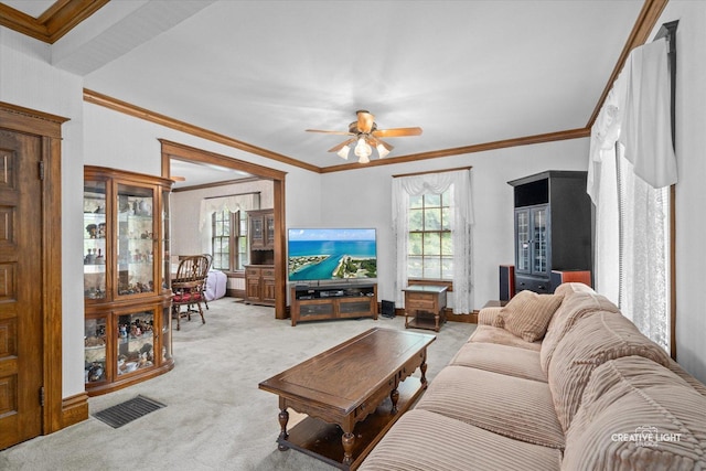 811 W Galena Blvd, Aurora, IL 60506 - living area featuring light carpet, a ceiling fan, and crown molding