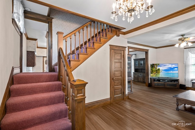 811 W Galena Blvd, Aurora, IL 60506 - staircase featuring wood finished floors, crown molding, a chandelier, and a ceiling fan