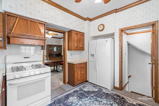 811 W Galena Blvd, Aurora, IL 60506 - kitchen featuring white appliances, ceiling fan, wallpapered walls, crown molding, and brown cabinets