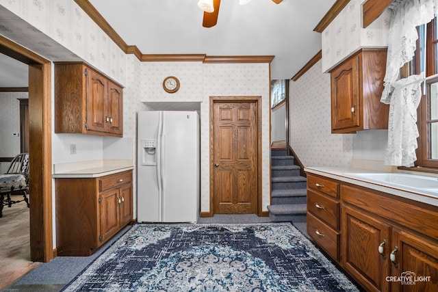 811 W Galena Blvd, Aurora, IL 60506 - kitchen with white fridge with ice dispenser, wallpapered walls, ornamental molding, light countertops, and ceiling fan