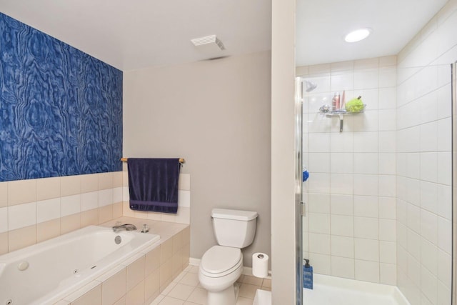 full bathroom with toilet, a shower stall, tile patterned flooring, a tub with jets, and wallpapered walls