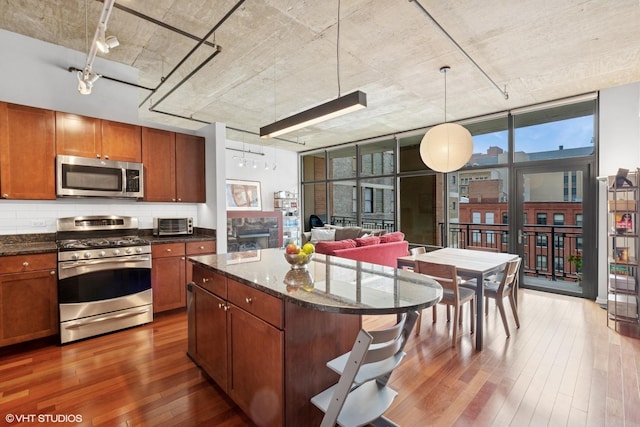 kitchen featuring stainless steel appliances, hardwood / wood-style floors, expansive windows, decorative backsplash, and a kitchen island