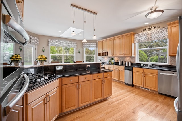 40W434 Triple Oaks Farm Dr, Hampshire, IL 60140 - kitchen with a sink, stainless steel dishwasher, a skylight, light wood finished floors, and tasteful backsplash