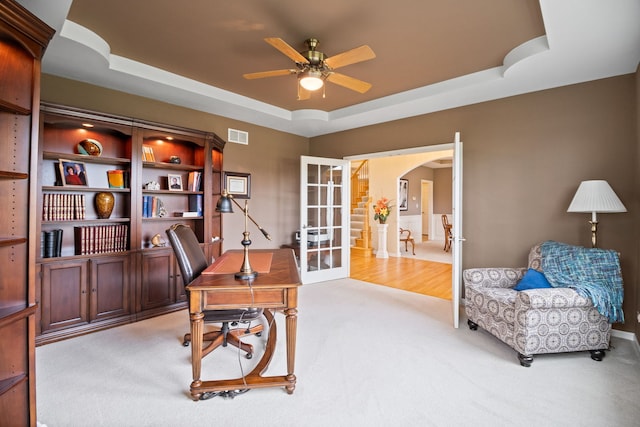 40W434 Triple Oaks Farm Dr, Hampshire, IL 60140 - office area featuring french doors, a ceiling fan, light carpet, and a raised ceiling