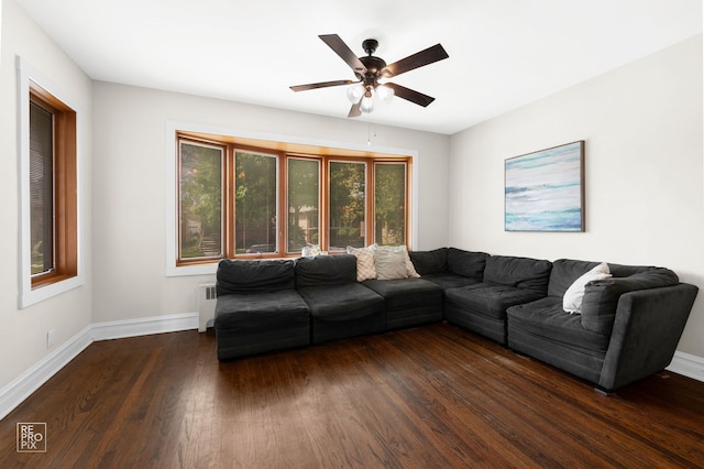 living room with dark wood-style floors, baseboards, a ceiling fan, and radiator heating unit
