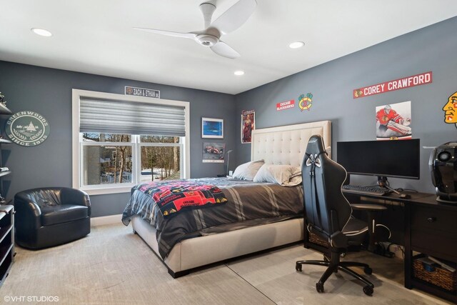 carpeted bedroom featuring baseboards, a ceiling fan, and recessed lighting