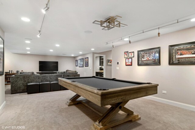 recreation room featuring carpet flooring, recessed lighting, pool table, and track lighting