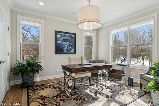 office featuring baseboards, crown molding, and wood finished floors