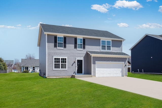 view of front facade featuring a garage, a front yard, and concrete driveway