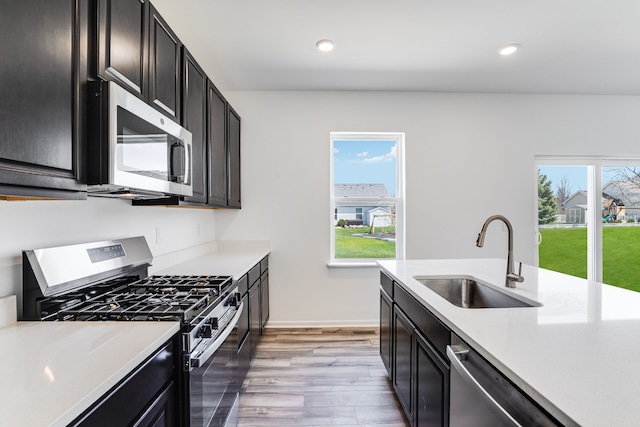 kitchen with appliances with stainless steel finishes, a sink, dark cabinetry, light countertops, and light wood-type flooring